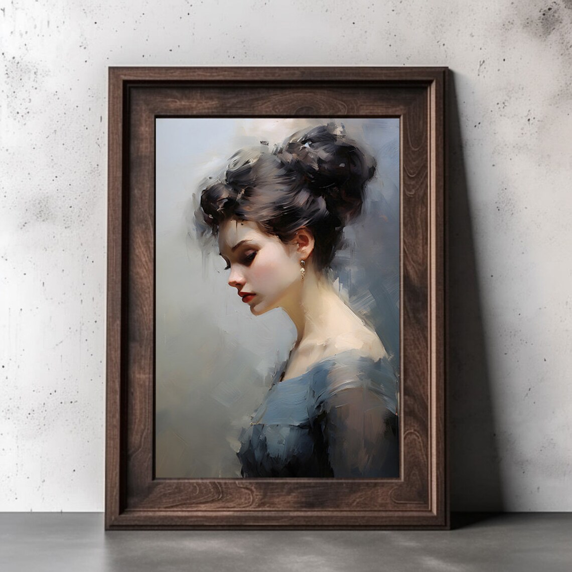 Elegant Moody Woman Profile Dark Hair Grey Palette Oil Poster - Image 2