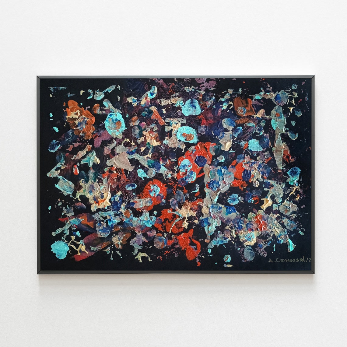 Moody Abstract Turquoise and Red Paint Splashes on Black Canvas Poster
