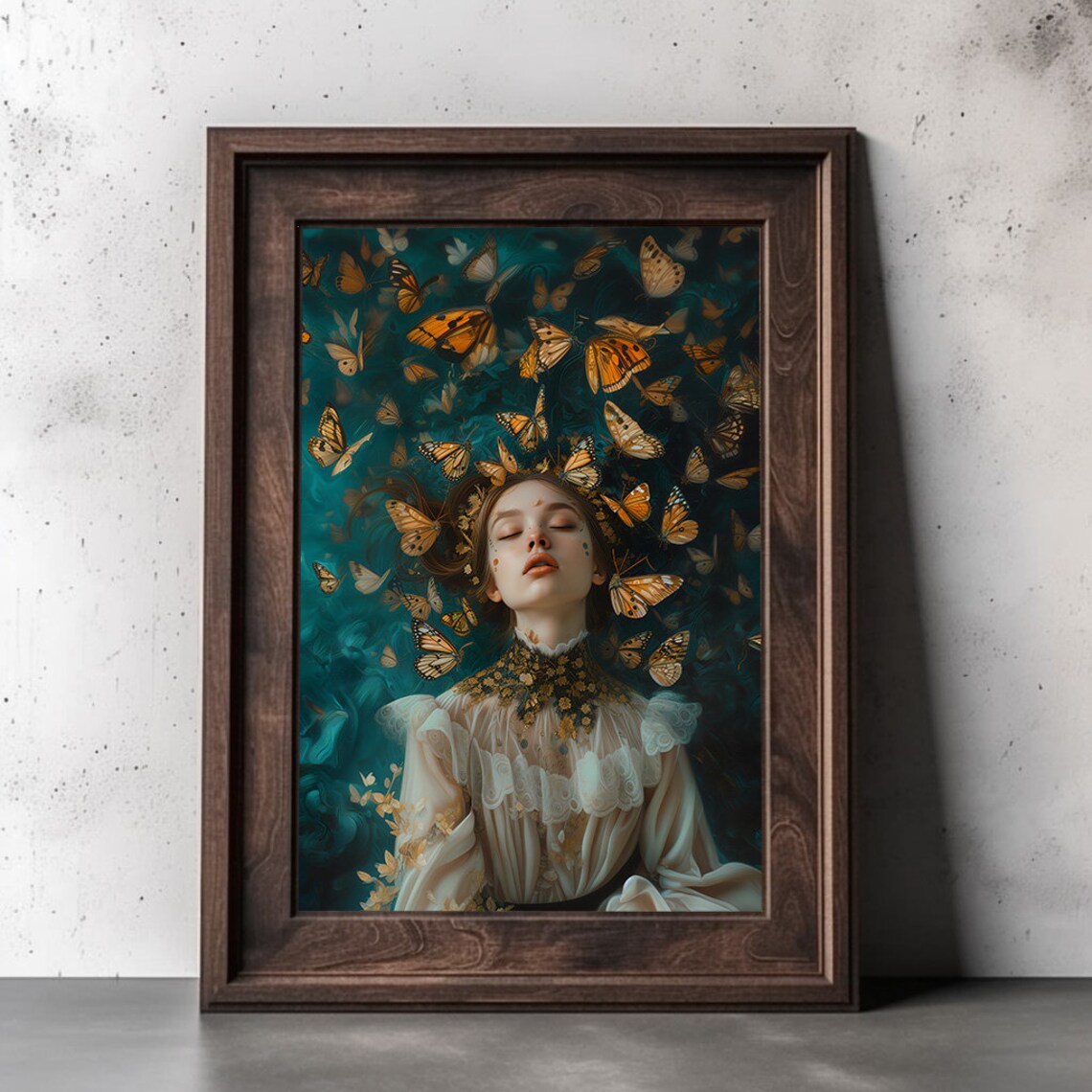 Dreamy Woman Surrounded By Golden Butterflies Teal Art Poster - Image 2