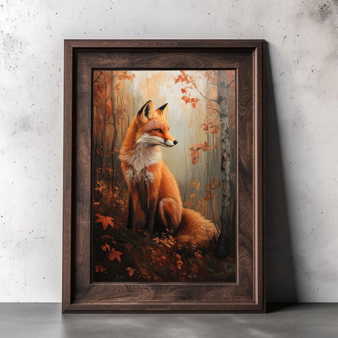 Majestic Red Fox in Birch Forest Autumn Foliage Oil Painting Poster - Image 2