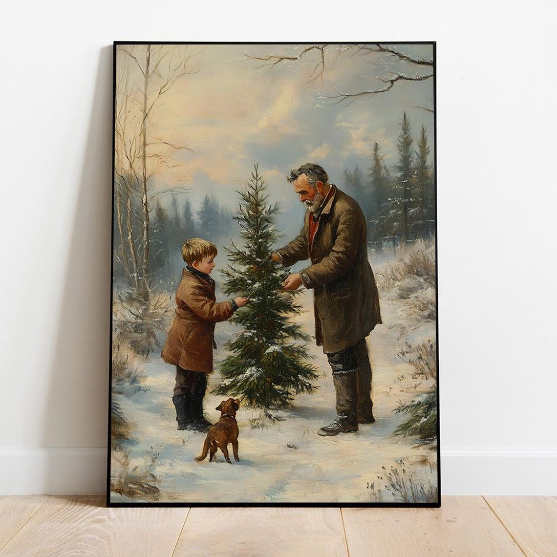 Father And Son Christmas Tree Snowy Forest Vintage Holiday Art Poster