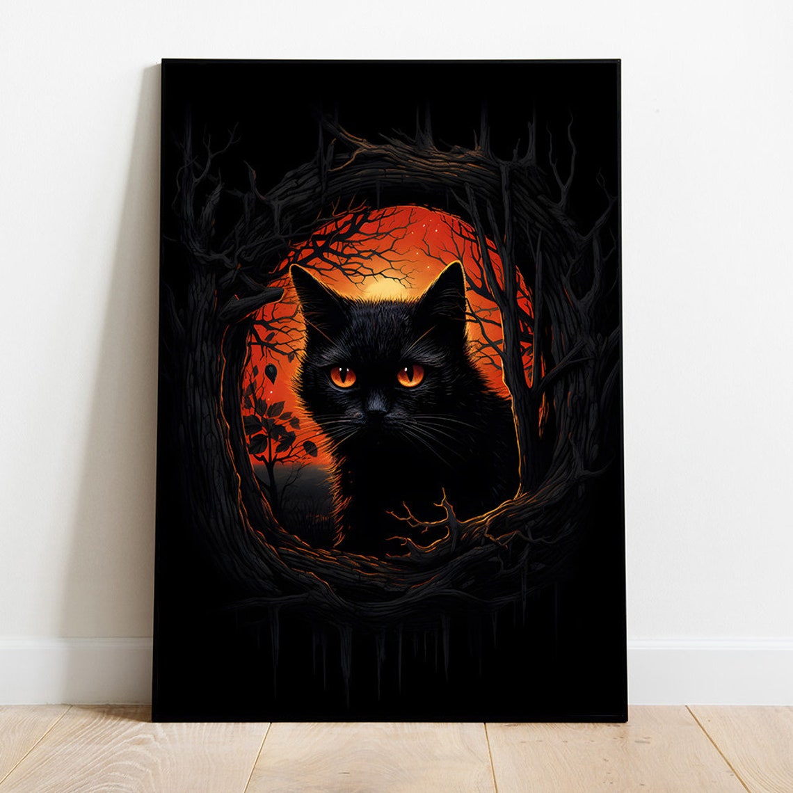Witchy Black Cat Painting Halloween Black Cat Print Dark Academia Print Spooky Cute Black Cat Art