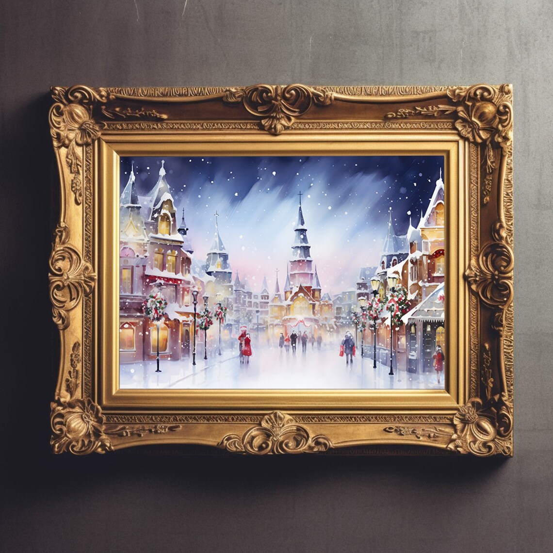 Christmas Village Street At Night Under Falling Snow Watercolor Poster - Image 2