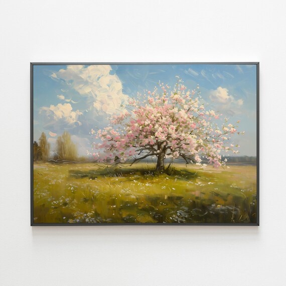 Blooming Cherry Tree Oil Painting in Sunny Green Meadow with Blue Sky Poster