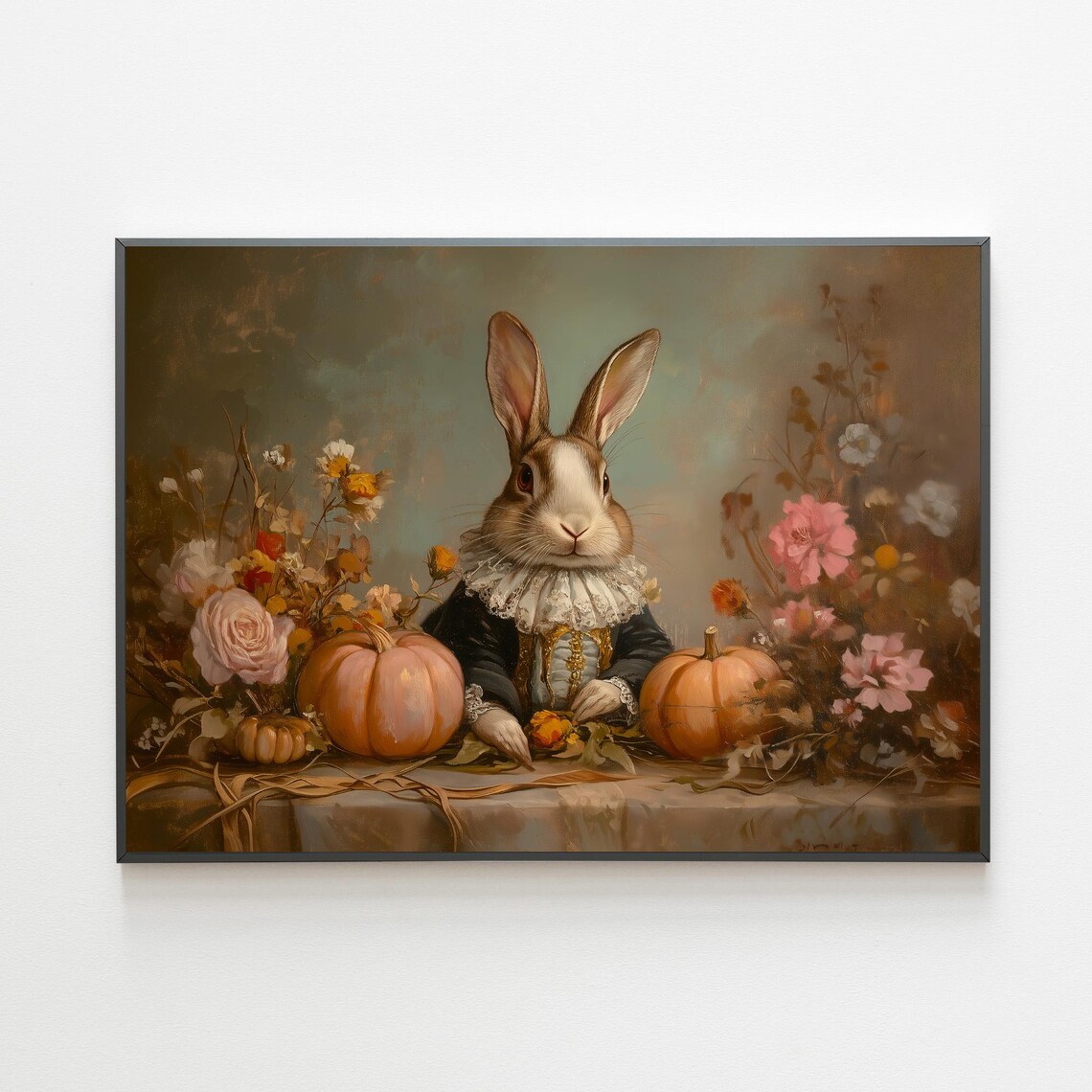 Pastel Harvest Pumpkins Painting, Renaissance Rabbit