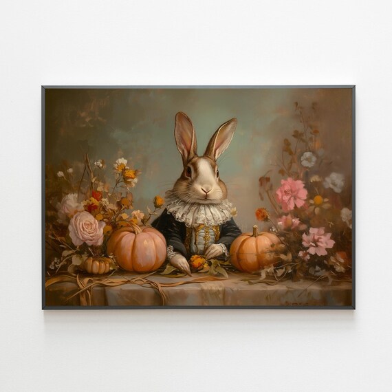 Pastel Harvest Pumpkins Painting, Renaissance Rabbit