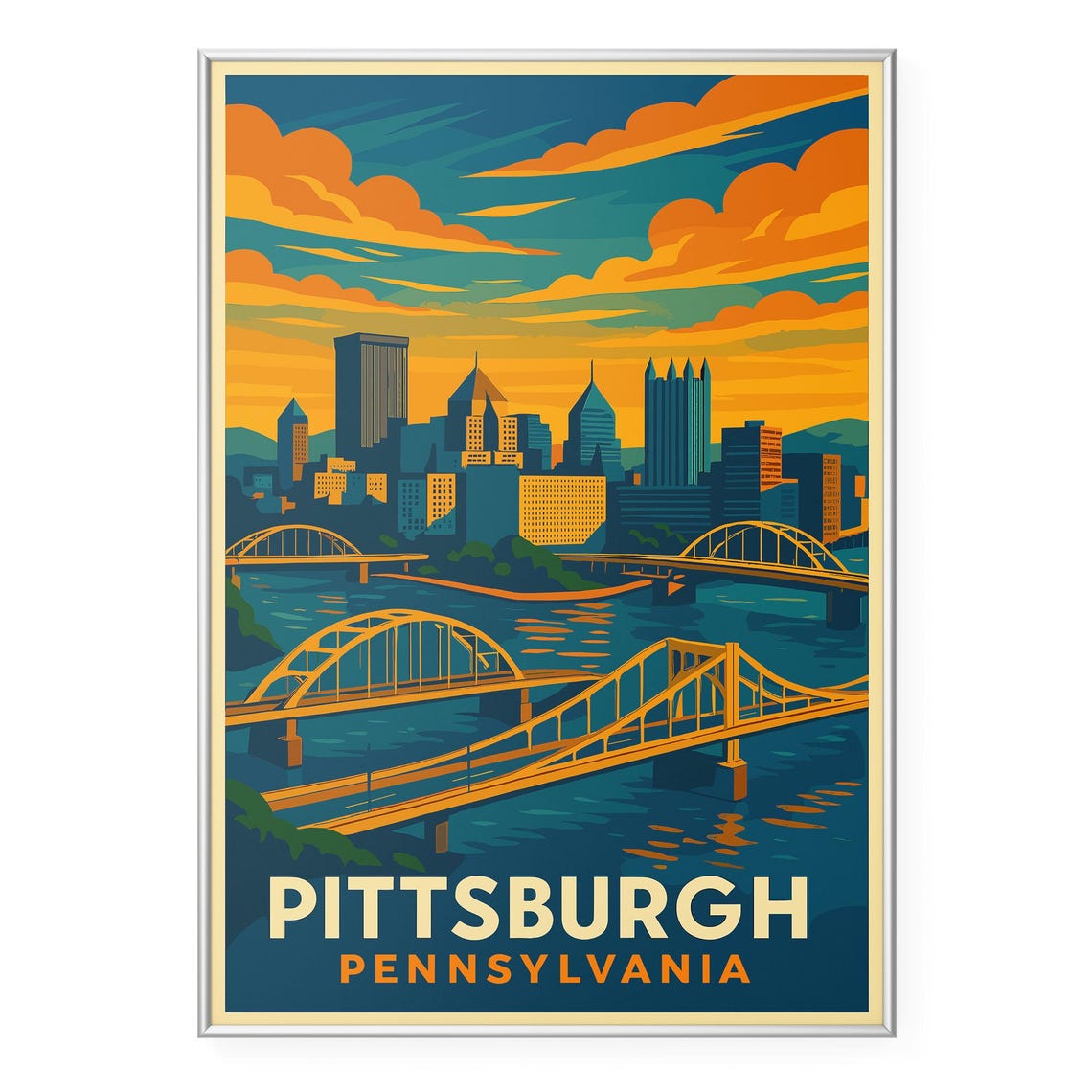 Pittsburgh Pennsylvania Sunset Skyline Bridges Retro Travel Poster