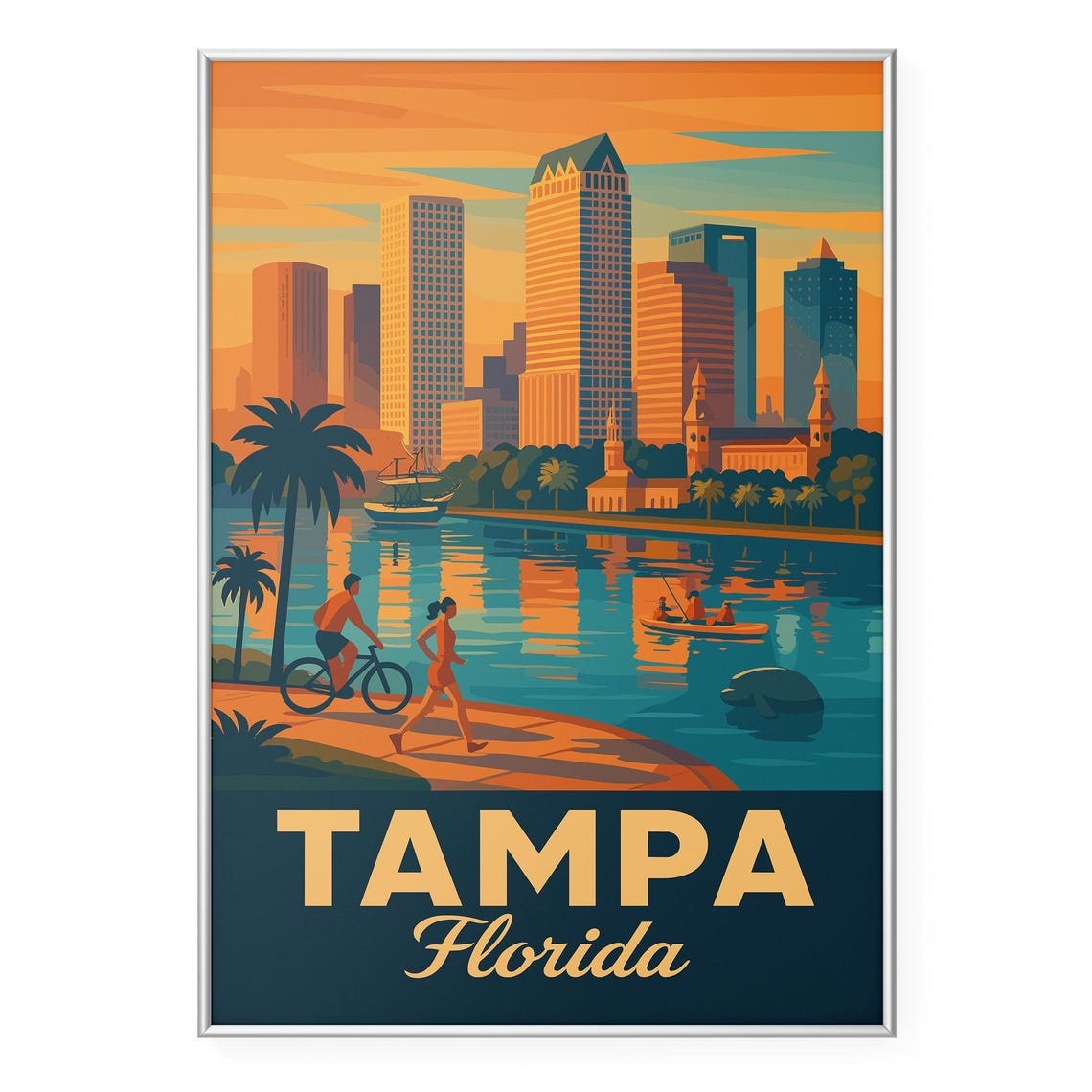 Tampa Florida Sunset Bay Skyline Retro Travel Poster Palm Art