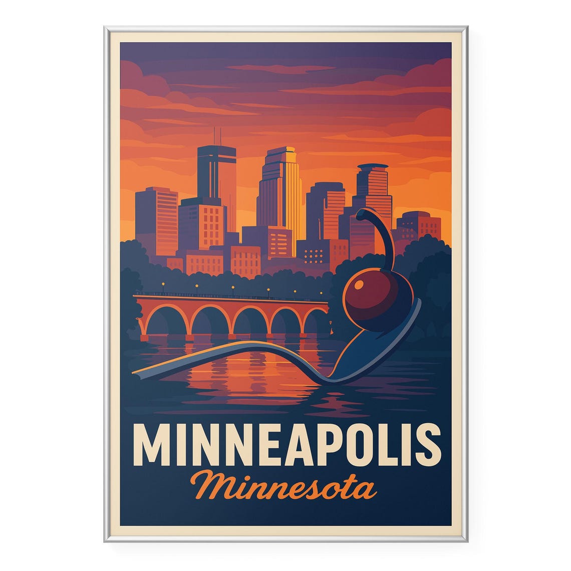 Minneapolis Minnesota Sunset Skyline Stone Arch Bridge Travel Poster