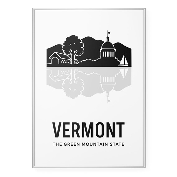Vermont Green Mountain State Black Silhouette Skyline Travel Poster