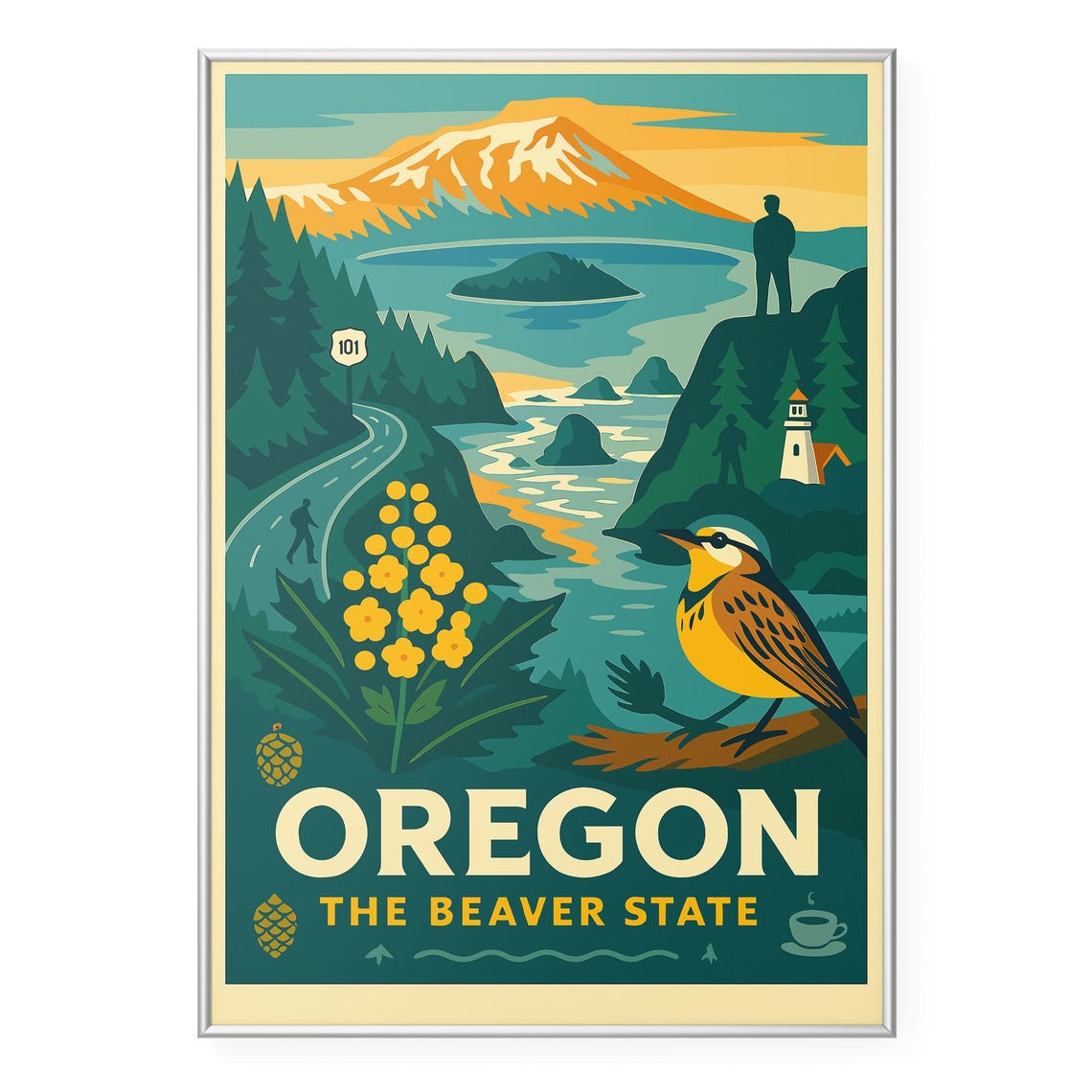 Oregon Beaver State Retro Mountain Coast Landscape Travel Poster