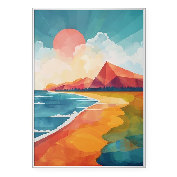 Geometric Mountain Wall Art Print Abstract Coastal Landscape Poster Bold Modern Artwork Vibrant Ocean And Sunset Home Decor