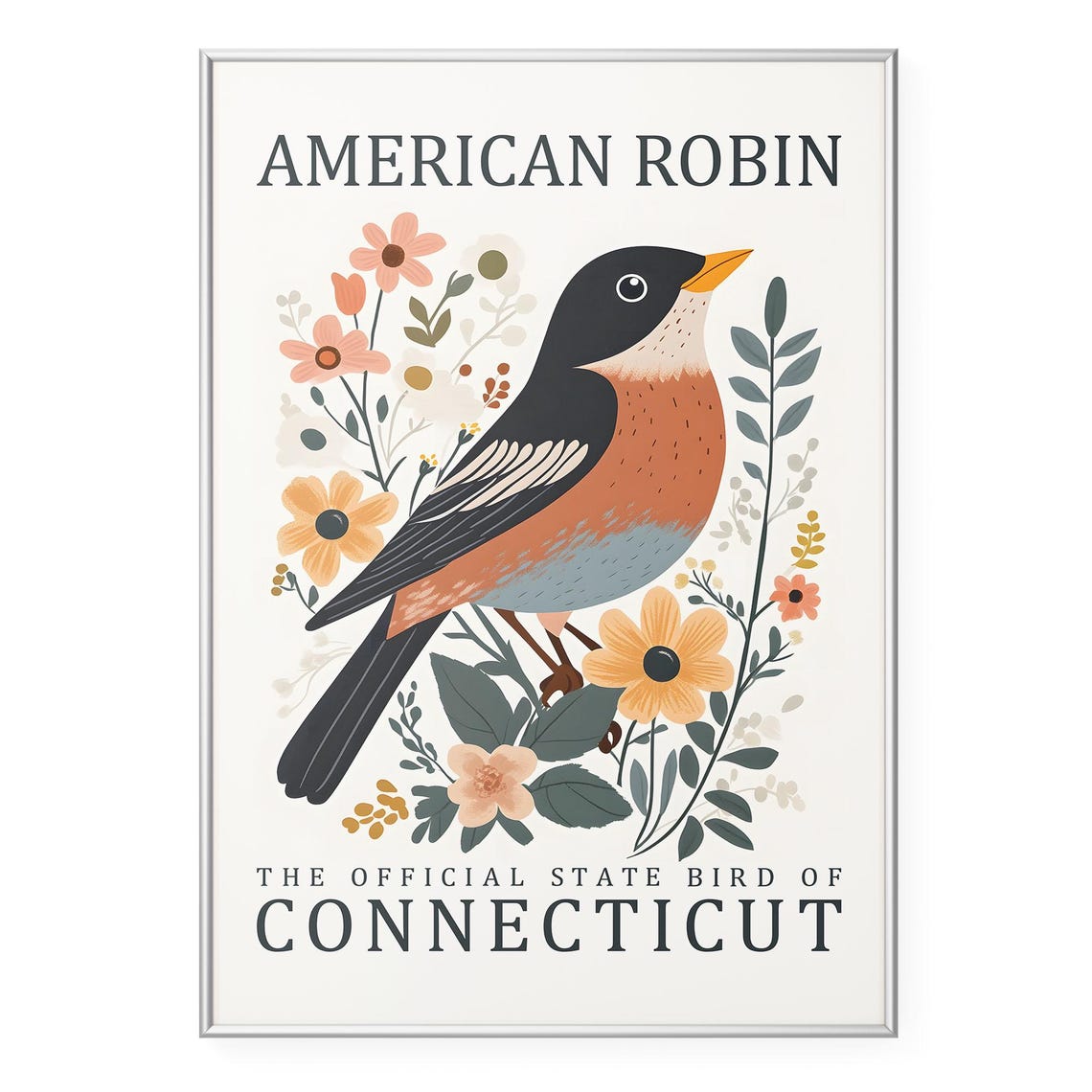 American Robin Connecticut State Bird Botanical Art Poster Decor