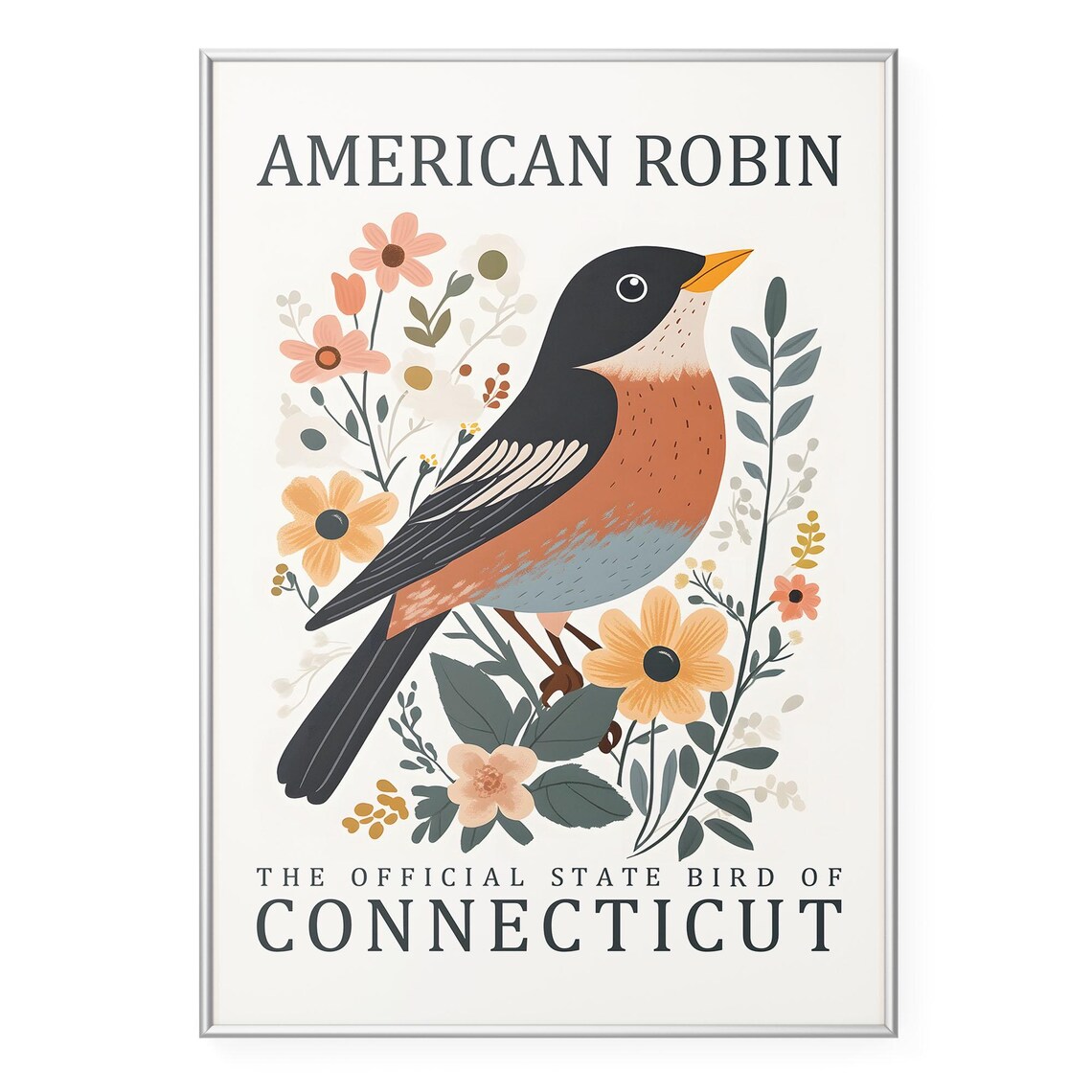 Robin Bird Wall Art Print Connecticut State Poster Vintage Wildlife Artwork Rustic Botanical Illustration Decor