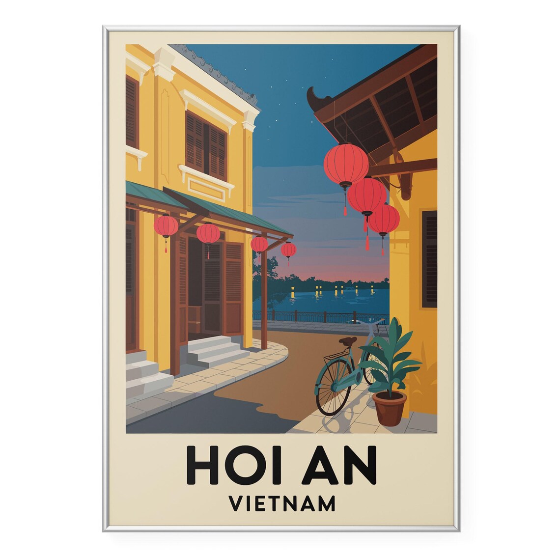 Hoi An Vietnam Lantern Street Travel Poster at Dusk in Vintage Style