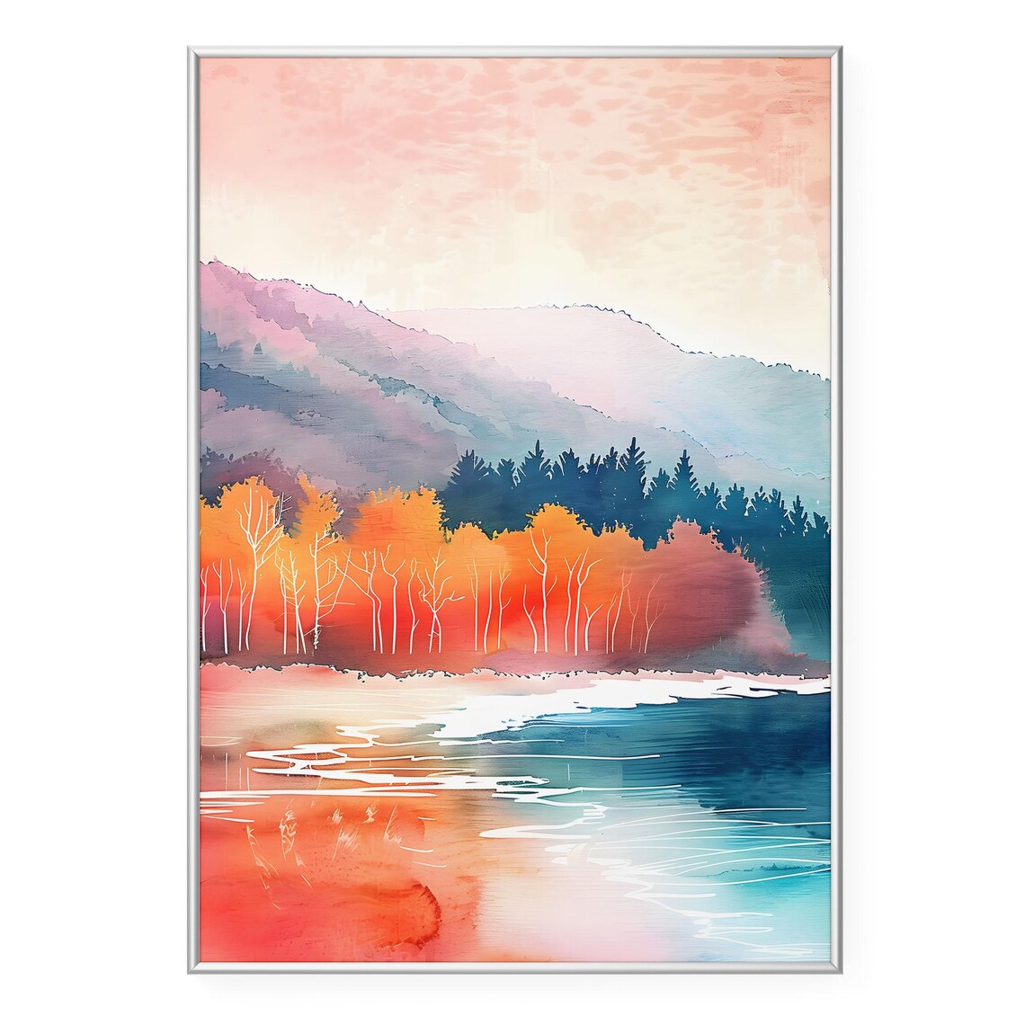 Autumn Forest Fall Foliage Mountain Lake Watercolor Art Poster