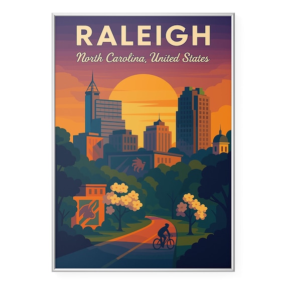 Raleigh North Carolina Sunset Skyline Retro Travel City Poster