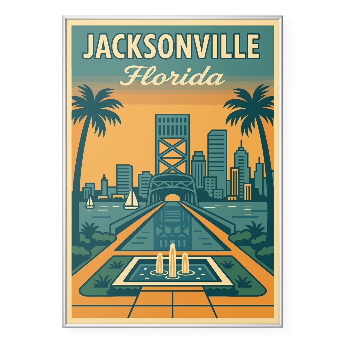 Jacksonville Florida Retro Travel Poster Palm Trees Bridge Decor Art