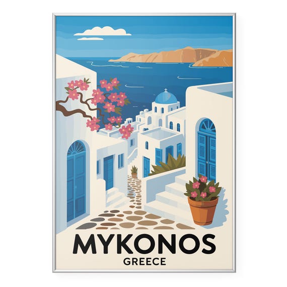 Mykonos Greece Travel Poster Print Greek Island Wall Art Santorini Style Wanderlust Decor Mediterranean Coastal