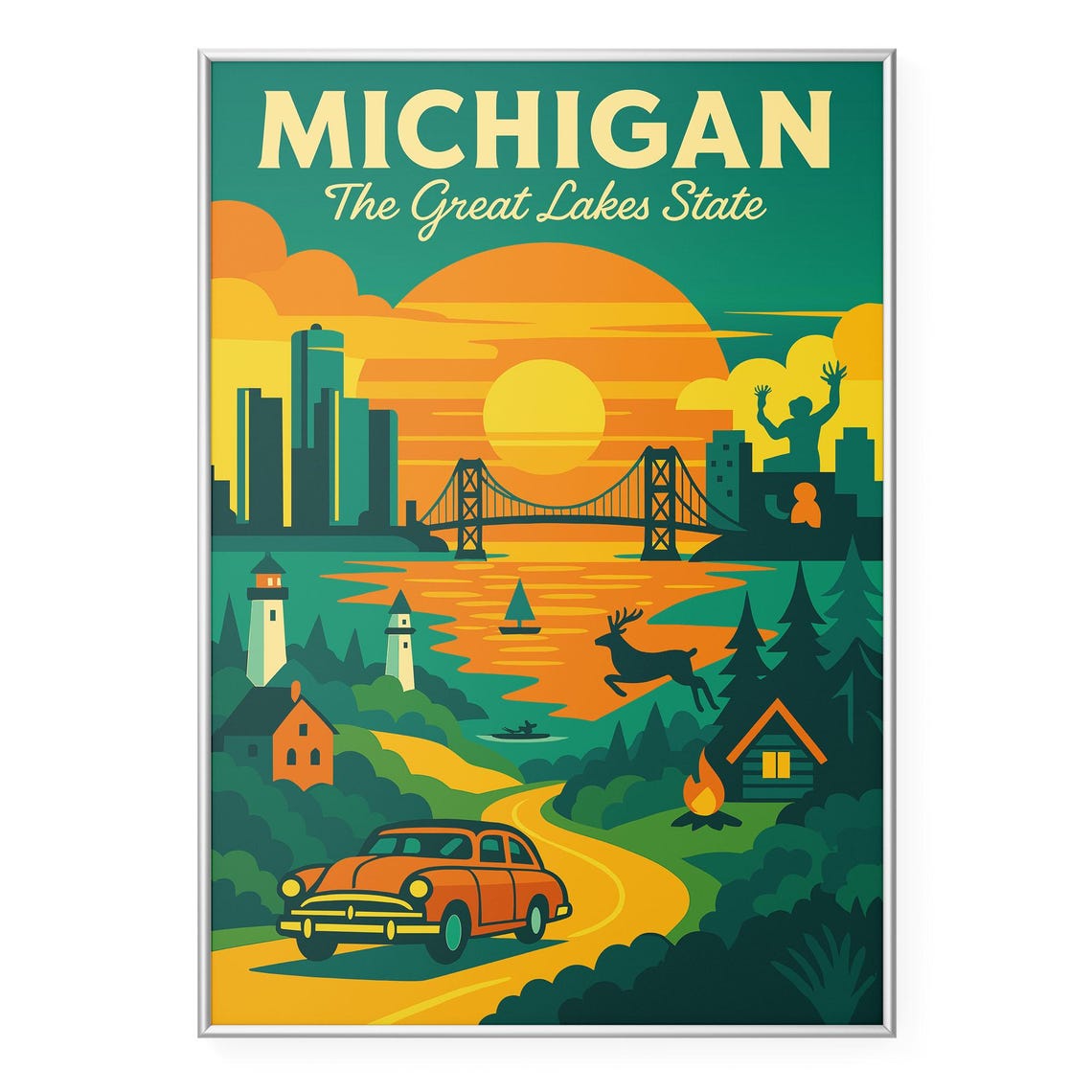Michigan The Great Lakes State Retro Sunset Road Trip Travel Poster