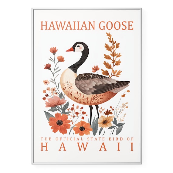 Hawaiian Goose Wall Art Print Hawaii State Bird Poster Vintage Wildlife Artwork Tropical Botanical Illustration Decor