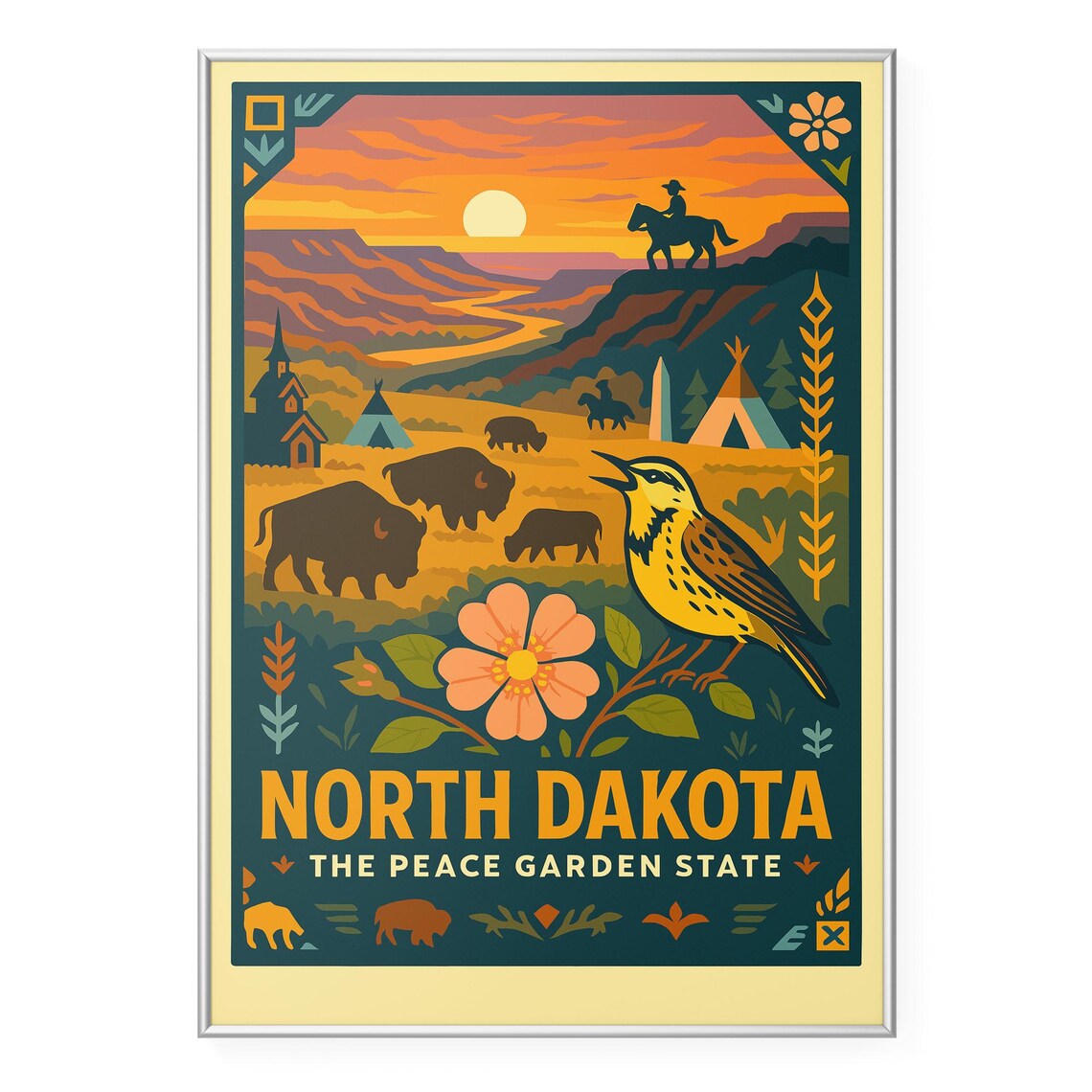 North Dakota Meadowlark Sunset Travel Poster