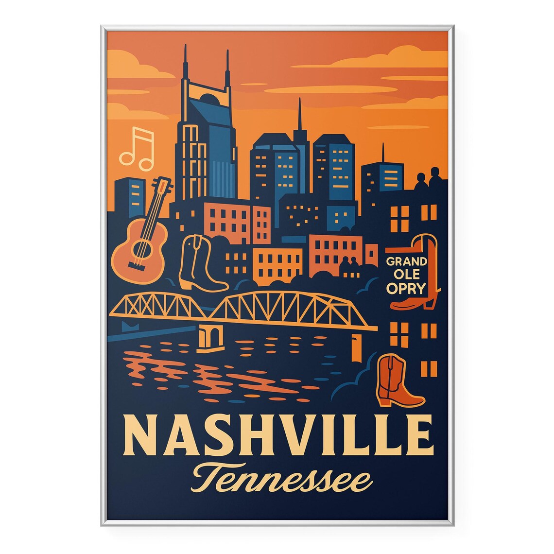 Nashville Tennessee Grand Ole Opry Retro Skyline Travel Poster