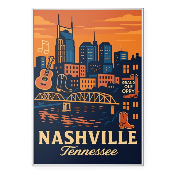 Nashville Tennessee Grand Ole Opry Retro Skyline Travel Poster