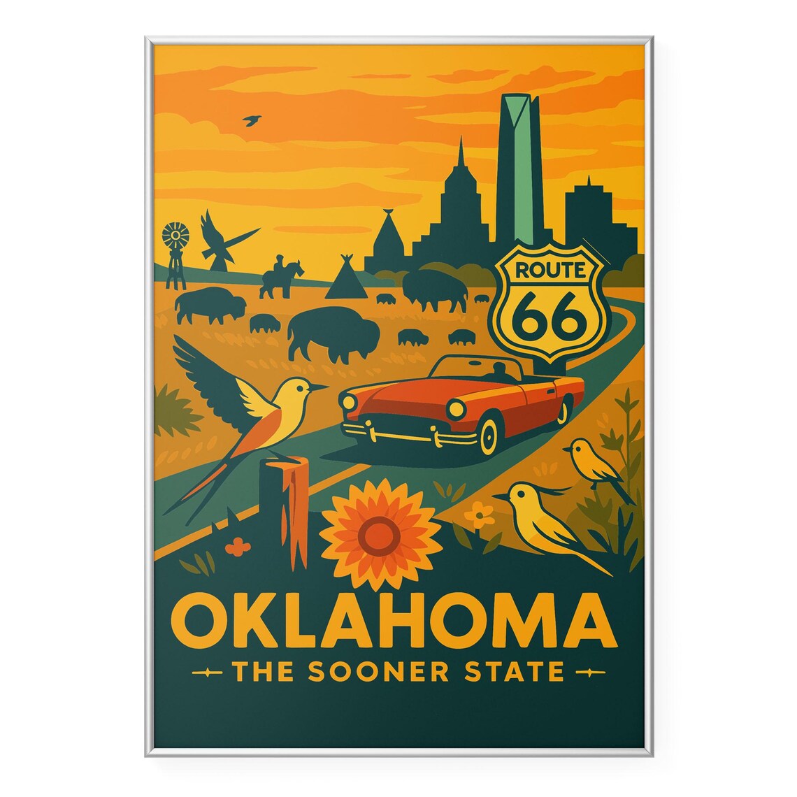 Oklahoma Route 66 Travel Poster, Modern Office Decor
