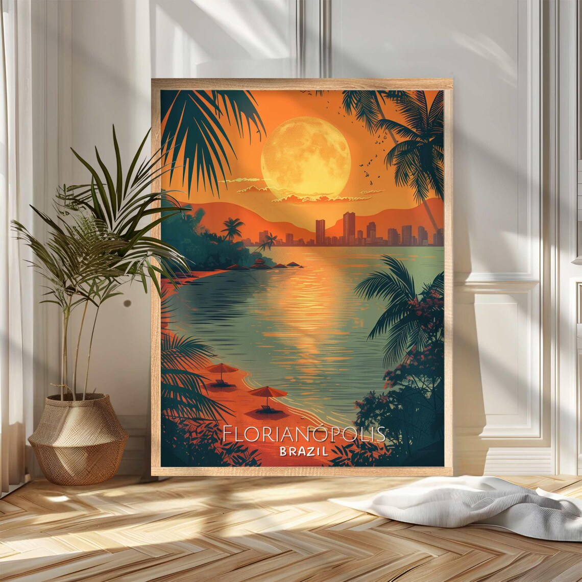 Florianopolis Brazil Tropical Sunset Beach Palm Trees Retro Travel Poster