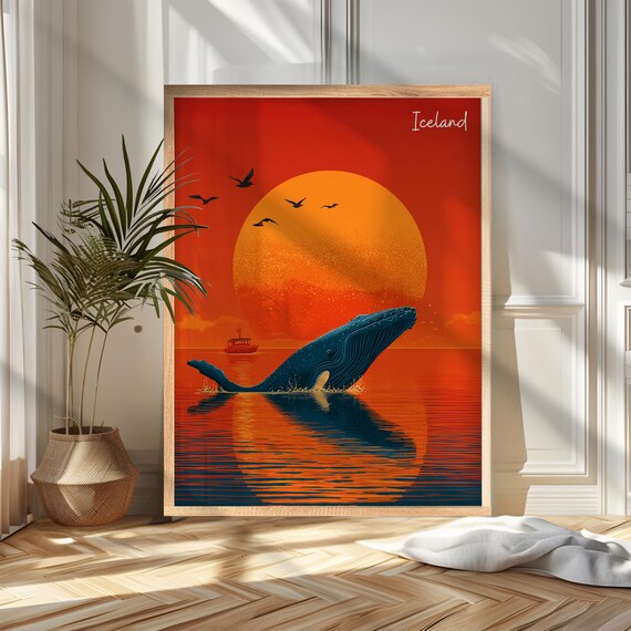 Iceland Whale Leaping Sunset Ocean Blue Whale Travel Poster Art