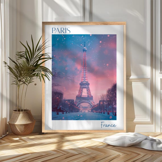 Paris France Eiffel Tower Snowy Pink Winter Evening Travel Poster