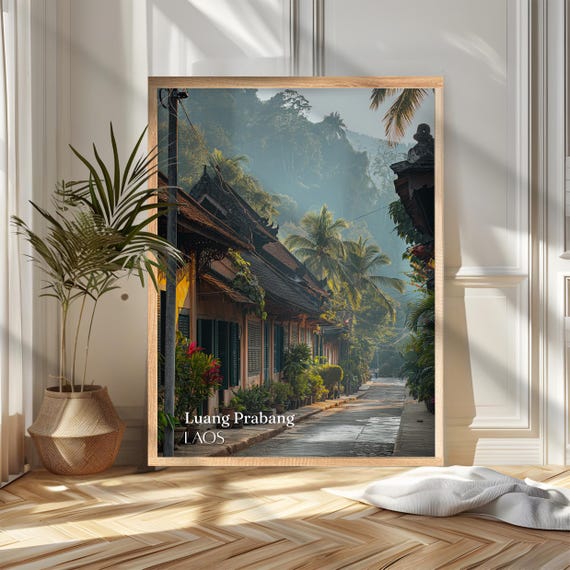 Luang Prabang Laos Temple Roofs Colonial Street Vintage Travel Poster