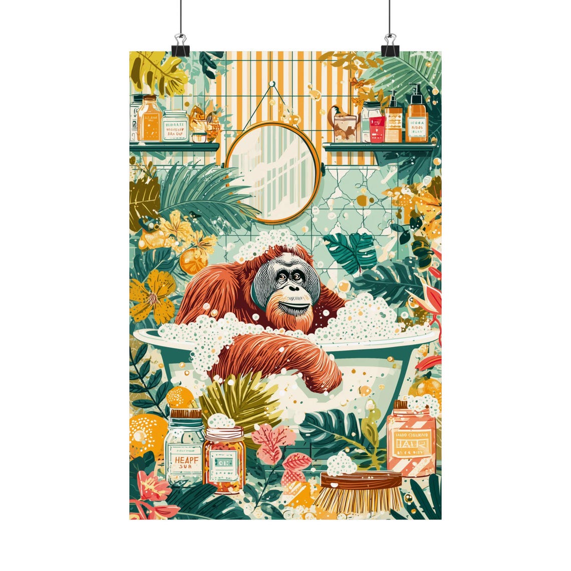 Whimsical Orangutan Bubble Bath Tropical Safari Spa Fun Poster