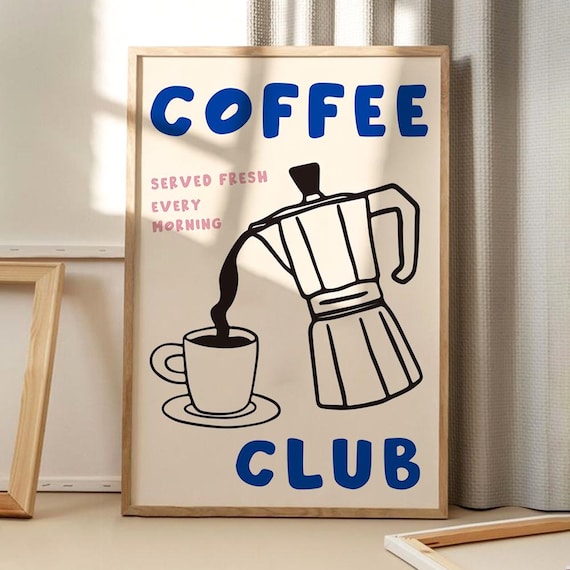Coffee Club Moka Pot Line Art Retro Kitchen Breakfast Poster
