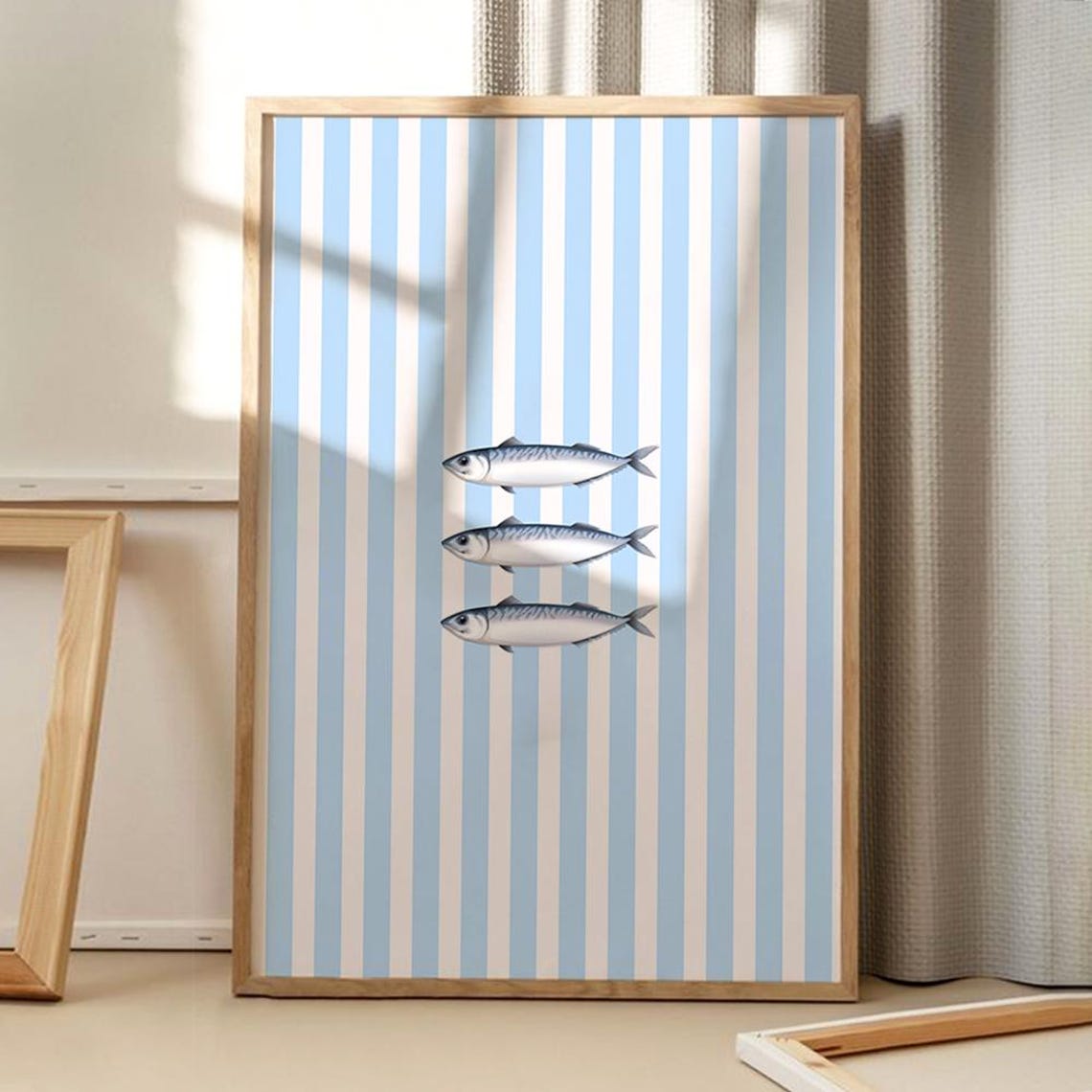 Three Sardines Blue Striped Coastal Kitchen Art Illustration Poster