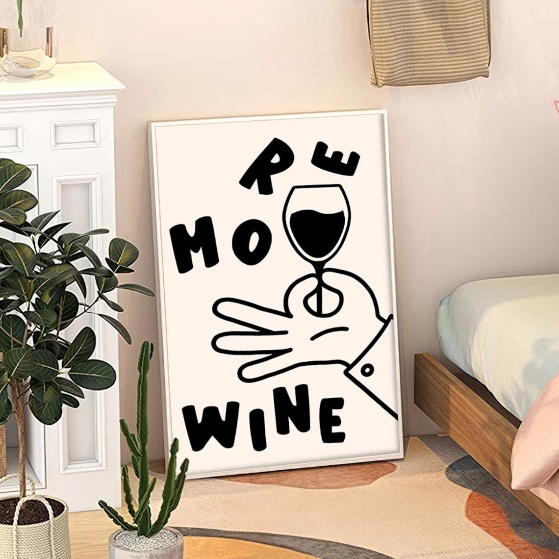 More Wine Playful Hand Holding Wine Glass Typography Bar Cart Poster