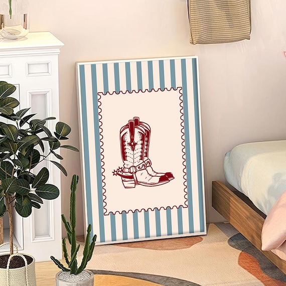 Red Cowboy Boots Stamp Frame Striped Western Decor Art Poster