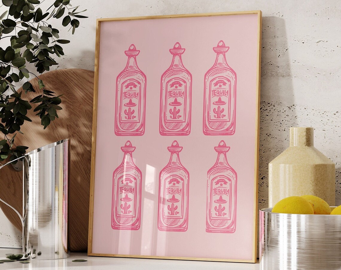 Pink Tequila Bottles Retro Line Art Girly Bar Cart Decor Poster