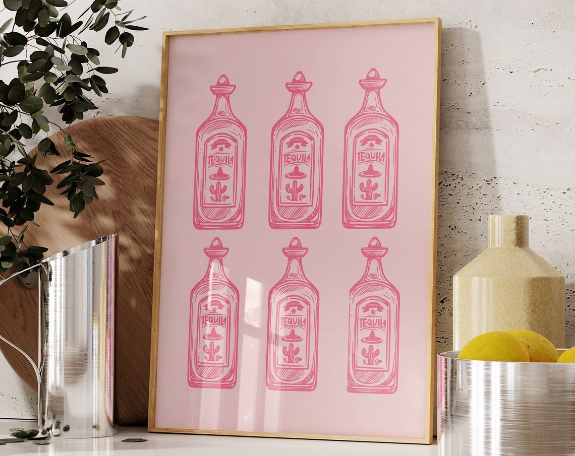 Retro Pink Tequila Posteraesthetic Girly Bar Cart Artpreppy Pink Posterstrendy Wall Artcocktails Artbar Cart Artbright Printswall Art