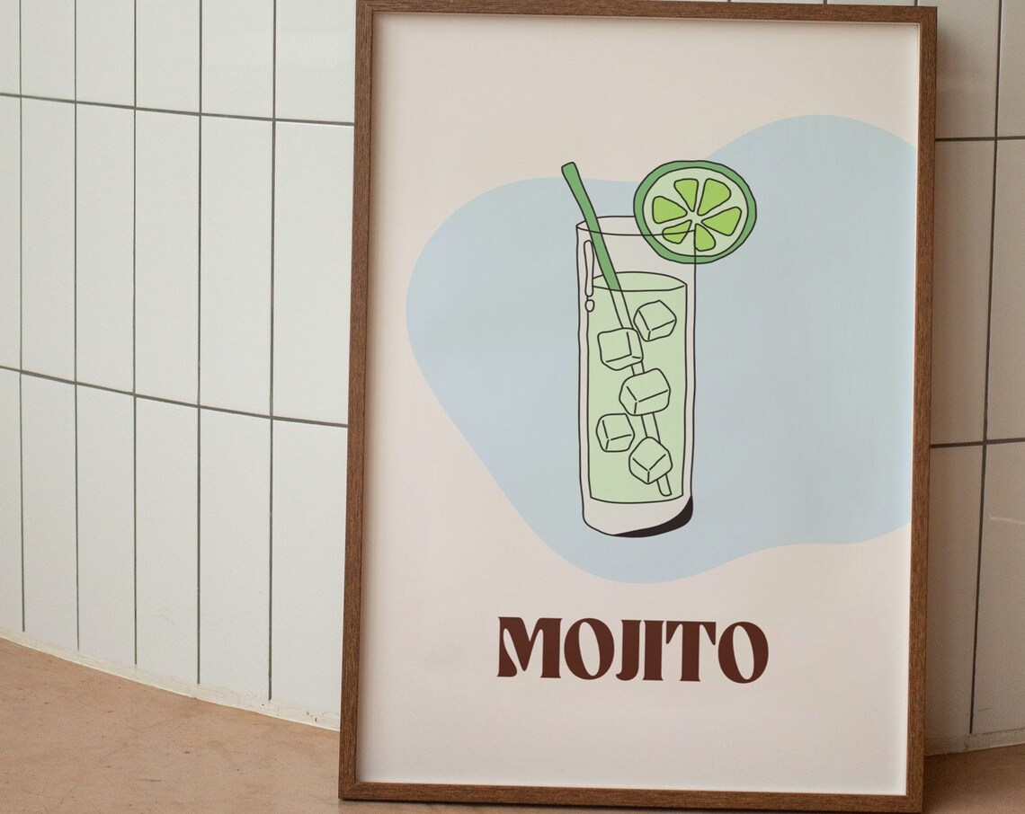 Mojito Retro Cocktail Poster, Bar Cart Art Print