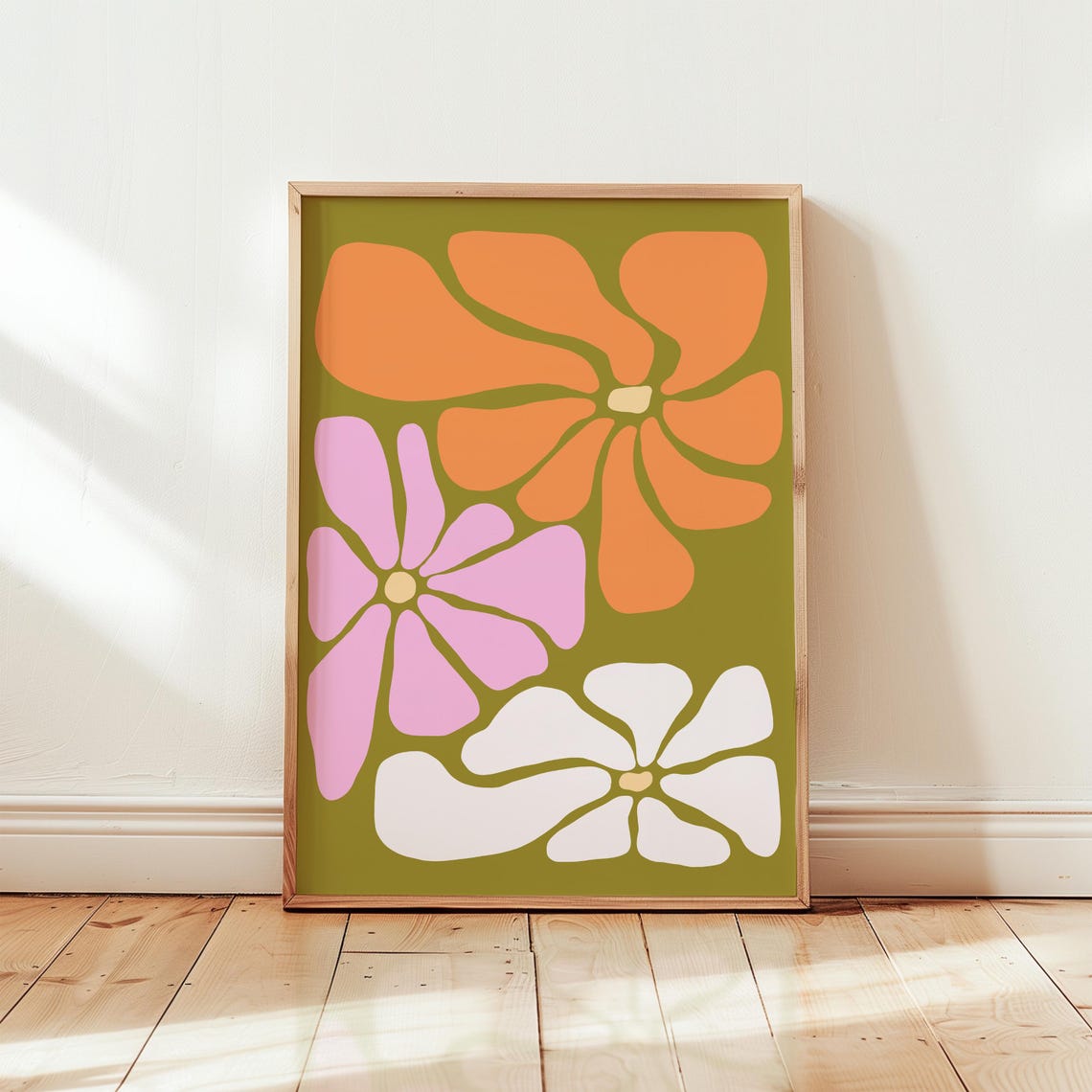 Retro Orange Pink and White Flowers on Olive Green Art Poster