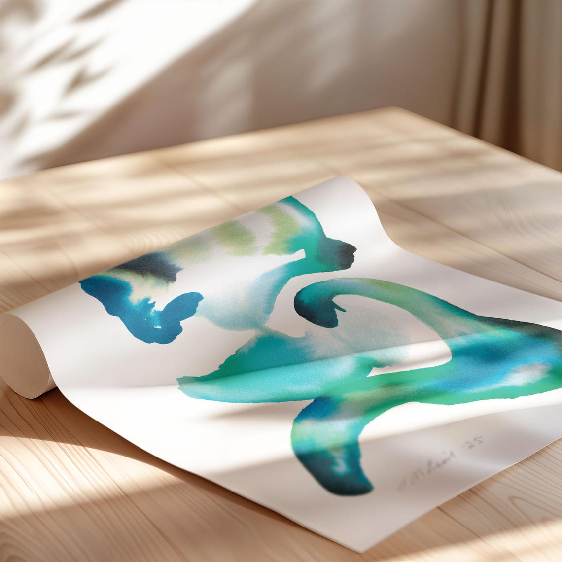 Teal Blue Swirling Organic Watercolor Abstract Forms Art Poster - Image 3