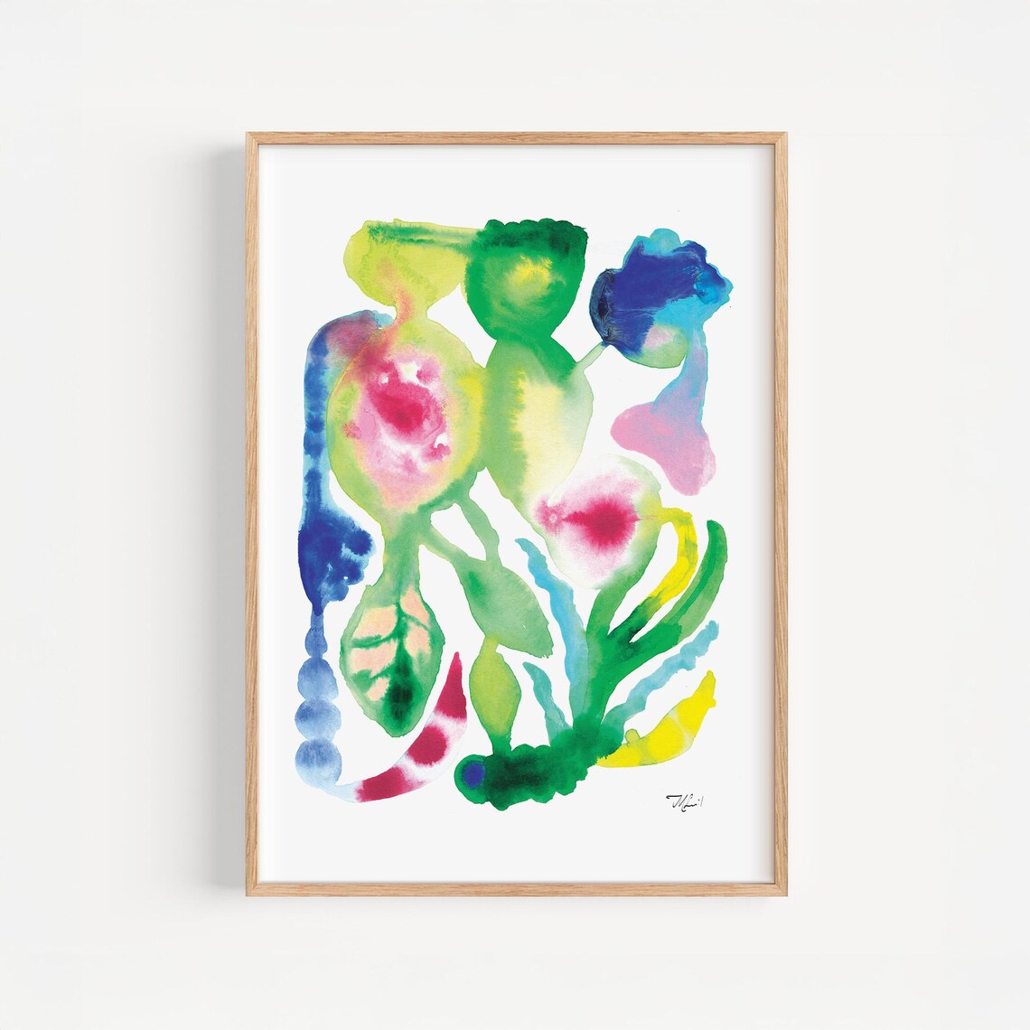 Abstract Floral Watercolor Garden in Green Coral and Gold Poster