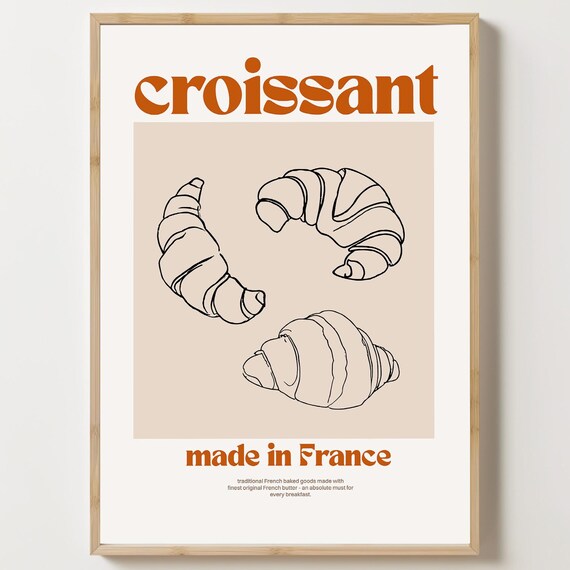 Croissant Made In France Bakery Line Art Minimalist Kitchen Decor Poster