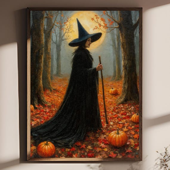 Poster Vintage Witch Oil Painting Style Autumn Forest Scene Pumpkins Moonlight Wall Art Canvas Print