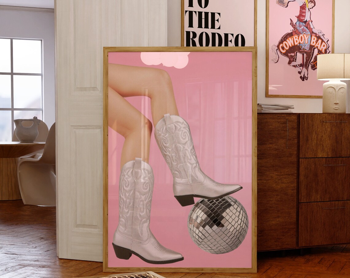 Disco Cowgirl White Boots And Disco Ball Pink Photography Art Poster