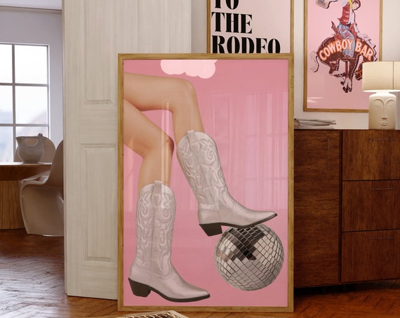 Disco Cowgirl Wall Art Cowgirl Dorm Decor Funky Disco Wall Print Poster Bar Cart Preppy Pink Room Decor Aesthetic