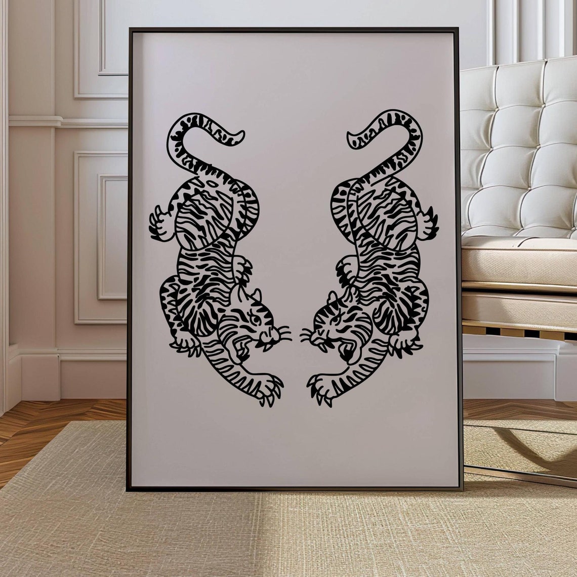 Japanese Twin Tigers Ink Style Minimalist Zen Print Gift Decor - Image 3