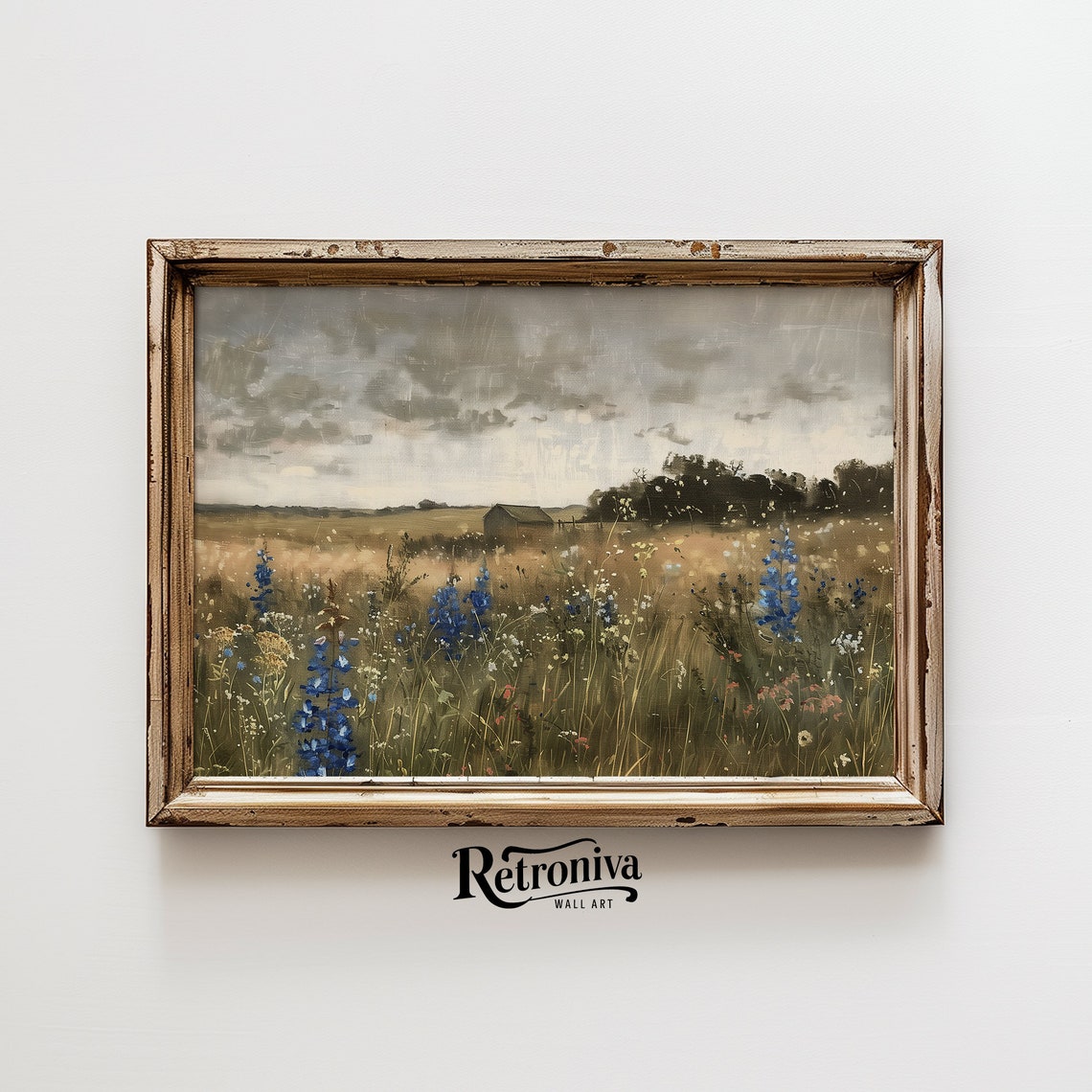 Muted Wildflower Field With Blue Blossoms And A Distant Barn Poster - Image 6